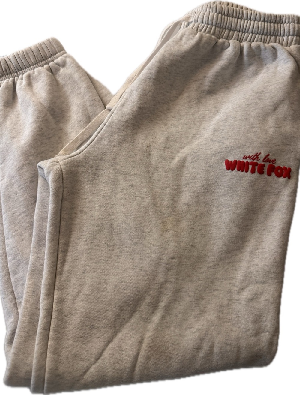 White fox gray sweats with red letters